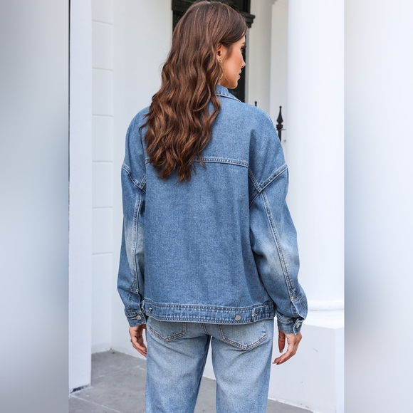 SALE 20% OFF Women's Button Up Dropped Shoulder Denim Jacket with Pockets - Picture 2 of 5